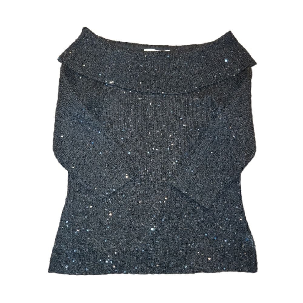 Vie By Victoria Royal Black Sequin Off the Shoulder Wool Silk Sweater M